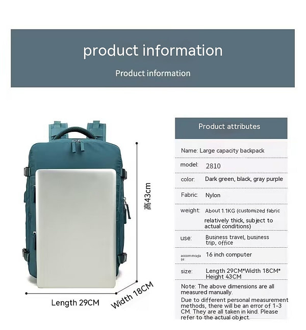 Travel Backpack Lightweight, Multi-function Cabin Bag, Large Capacity Nylon Waterproof Outdoor Dry Wet Separation Fit 14-Inch Laptop with USB Charging Port - Image 9